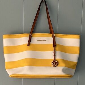 Michael Kors Striped Yellow and White Tote Interior Pockets Wipe Clean